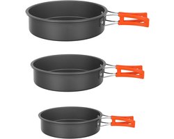 Set van 3 Camping Koekenpannen met Antiaanbaklaag, Formaten 15,5 / 18 / 20cm, met Opvouwbare Oranje Greep, Lichtgewicht en Compact