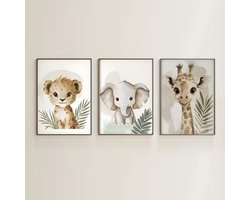 Set van 3 Canvas 'Baby Leeuw, Olifant & Giraffe' - Dieren Posters - 30x40cm - Babykamer - Kinderkamer - Wand Decoratie