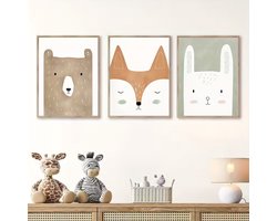 Set van 3 Canvas Dieren Posters - 30x40cm - Beer Vos Konijn - Posters zonder lijst - Babykamer - Kinderkamer - Muur Decoratie Kind