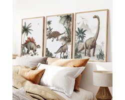 Set van 3 Canvas 'Dinosaurus' - 30x40cm - Canvas Posters Dino - 3 luik - Wand Decoratie - Babykamer - Kinderkamer - Zonder Lijst