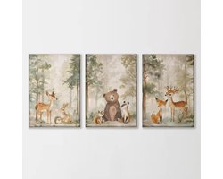 Set van 3 Canvas 'Herten, Beer & Vos' - 30x40cm - heldere kleuren - Babykamer - Kinderkamer - Bloemen - Bruin - Groen - Interieur - Muur Decoratie