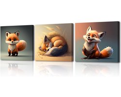 Set van 3 canvasprints schattige vos dierenschilderij muurposter foto slaapkamer-badkamer verjaardagscadeau 30x30 cm