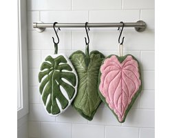 Set van 3 decoratieve bladvorm theedoeken, sterk absorberend en snel drogend, ideaal voor keuken en badkamer (Groen+Roze+Wit)