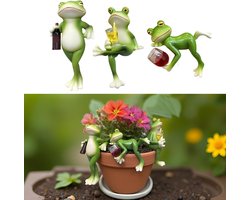 Set van 3 Decoratieve Bloempot Hangers met Kikker Figuren - Leuke Resin Beeldjes voor Tuin, Balkon en Patio