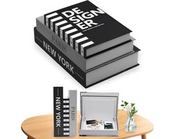 Set van 3 decoratieve boeken in zwart en grijs - Stapelbare opbergboxen in boekvorm - Multifunctionele interieurdecoratie voor woonkamer of kantoor - Moderne faux-boeken set met opbergfunctie