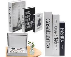 Set van 3 decoratieve boeken in zwart-wit - Stapelbare opbergboxen in boekstijl - Multifunctionele interieurdecoratie voor woonkamer of kantoor - Moderne faux-boeken set met opbergruimte