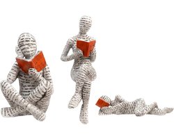 Set van 3 Decoratieve Figuren voor Thuis, Witte Hars Beeld van Lezende Vrouw, Moderne Ornamenten voor Woonkamer, Boekenkast en Bureau, Abstracte Decoratie voor Interieur