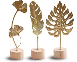 Set van 3 Decoratieve Gouden Bladeren - Ginkgo Bladeren, Monstera en Veer Sculpturen met Houten Basis voor Moderne Woonkamer en Slaapkamer Decoratie