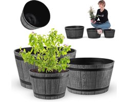 Set van 3 Decoratieve Plantenpotten in Houten Vatdesign - Weerbestendig Kunststof voor Tuin, Terras en Balkon - 30 cm, 40 cm en 50 cm