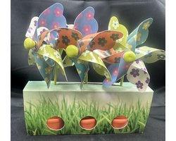 Set van 3 decoratieve windmolentjes in pot - kunststof+houten steker "multi-colour + bloemen"- meerkleurig + oranje potjes- dia 9 cm x hoogte 16 cm - Tuinaccessoires - tuinstekers