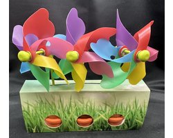 Set van 3 decoratieve windmolentjes in pot - kunststof+houten steker "Regenboog kleuren"- meerkleurig + groene potjes- dia 9 cm x hoogte 16 cm - Tuinaccessoires - tuinstekers