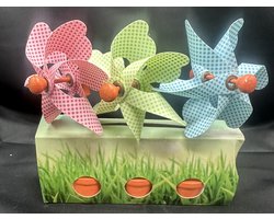 Set van 3 decoratieve windmolentjes in pot - kunststof+houten steker "Roze/Groen/Blauw met stipjes"- meerkleurig + oranje potjes- dia 9 cm x hoogte 16 cm - Tuinaccessoires - tuinstekers