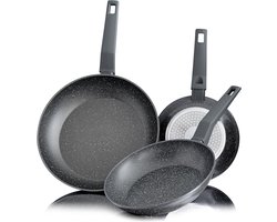 Set van 3-delig Hakal koekenpannen stenen coating - Grijs -Inductie - Ø 20, 24 & 28 cm - Soft-Touch Handgrepen - Anti-Aanbaklaag