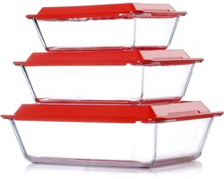 Set van 3 Diepe Glazen Ovenschalen met Plastic Deksel, Ideaal voor Lasagne, Stoofschotels en Ovengerechten 1.4+2.3+3.5L