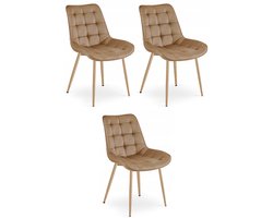 Set van 3 eetkamerstoelen BERA - lichtbruin fluweel - Eikenlook metalen poten - Modern design