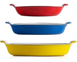 Set van 3 Geëmailleerde Gietijzeren Ovenschotels - Lasagne Schaal voor Bakken, Bradend, Stoven en Serveren