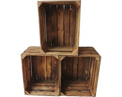 Set van 3 Gevlamde Houten Kisten voor Decoratie en Opberging - 50 x 40 x 30 cm