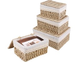 Set van 3 Gevlochten Opbergmanden met Deksel - Boho Stijl Manden voor Woonkamer, Keuken en Kinderkamer