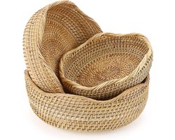 Set van 3 geweven fruitmanden van rotan voor opslag en decoratie - geschikt voor brood, snacks en meer - ideaal voor tafel, aanrecht en desktop - decoratieve manden met golfrand