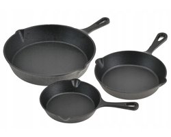 Set van 3 Gietijzeren Koekenpannen (Ø25, Ø20, Ø16 cm) – Oven • Open vuur • Inductie • Gas