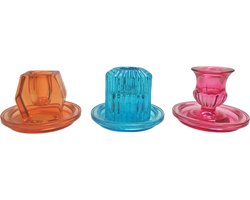 set van 3 glazen kandelaren voor dinerkaarsen in fuchsia roze en oranje met 3 bijpassende kaarsen Pia