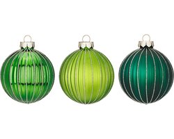 Set van 3 - Glazen kerstballen in verschillende groene kleuren gedecoreerd met een ribbeltje en gouden glitters 8 cm