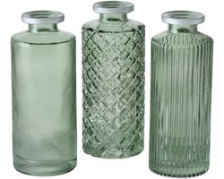 Set van 3 glazen vazen in lichtgroen met verheven afwerking - decoratief voor bloemen, grassen en takken