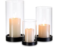 Set van 3 glazen windlicht kandelaars voor tafeldecoratie - kaarsenhouder voor eettafel, stompkaarsen, kaarsglas - grote glazen cilinder voor kaarsen buiten, bruiloft - woonkamer decoratie