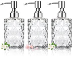 Set van 3 Glazen Zeepdispensers - 330 ml - Transparant - Roestvrijstalen Pomp