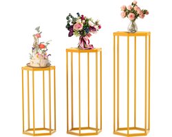 Set van 3 Gouden Hexagon Zuilen – Sokkel -90cm70cm/60cm– Metalen Decoratieve Zuilen voor Bruiloft, Taarten, Planten & Feestdecoratie – Bijzettafel – Stabiele Geometrische Tafelstandaards – Binnen & Buiten Gebruik