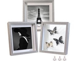 Set van 3 Grijze Shadow Box Fotolijsten 20x20 cm van Massief Hout en Echt Glas