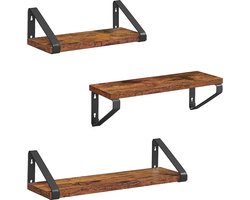 Set van 3 hangende wandplanken - Industrieel - Zwevende planken van hout met zwarte stalen muur houders