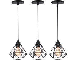 Set van 3 Hanglamp Industrieel E27 Hangende Lampen Metalen Cage Kroonluchter Vintage 16cm Zwart