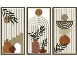 Set van 3 houten boho wanddecoraties met geometrische bladeren voor moderne wandkunst in woonkamer, slaapkamer en hal
