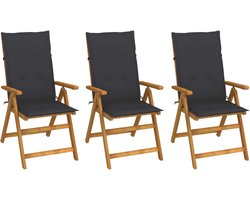 Set van 3 Houten Tuinstoelen | Inklapbaar met Antraciet Kussens | Verstelbare Hoge Rugleuning
