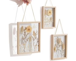 Set van 3 Houten Wanddecoratie Lijsten met Geperste Droogbloemen en Gras - Boho Stijl