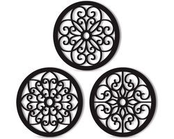 Set van 3 houten wanddecoraties in landelijke stijl - ronde raambloemen decor voor woonkamer, slaapkamer en keuken