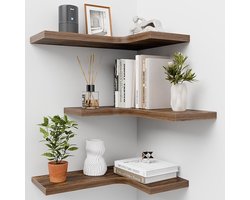 Set van 3 Houten Wandrekken - L-vormige Hoekplanken en Zwevende Wandplanken - Wanddecoratie met Opbergruimte voor Keuken, Woonkamer, Slaapkamer en Badkamer - Bruin