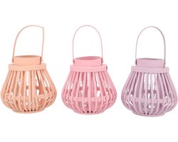set van 3 houten windlicht lantaarns voor waxinelicht in roze lila en oranje 16 cm