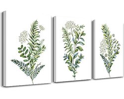 Set van 3 ingelijste muurkunst voor woonkamer, badkamer en keuken - Moderne decoratie met groene bladeren