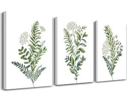 Set van 3 ingelijste muurkunst voor woonkamer, badkamer en keuken - Moderne decoratie met groene bladeren