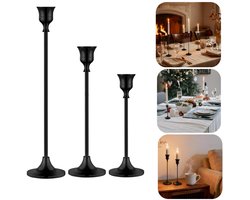 Set van 3 kaarsenhouders — Kaarsenstandaards — Decoratieve kaarsenhouders — Kaarsenvoeten — Metalen kaarsenhouders — Met antislip onderzijde — Voor feesten, bruiloften, woondecoratie, bijeenkomsten, feestdagen (Zwart — Diverse formaten)