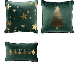 Set van 3 kerst sierkussens - groen en goud - 1x TREES - 1x STARS - 1x TREE - inclusief polyester vulling - zachte stoffen - sfeerkussens - Dutch Decor