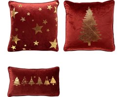 Set van 3 kerst sierkussens - rood en goud - 1x TREE - 1x STARS - 1x TREES - inclusief polyester vulling - zachte stoffen - sfeerkussens - Dutch Decor
