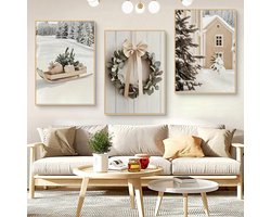Set van 3 Kerstposters, Moderne Winter Wanddecoratie, Premium Kunstafdrukken voor Woonkamer en Slaapkamer, Slee en Kerstballen, 40 x 50 cm
