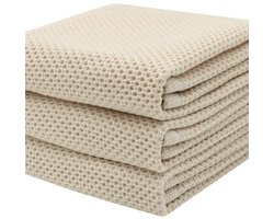 Set van 3 keukendoeken, 100% katoenen wafelstructuur, zachte, absorberende en sneldrogende vaatdoeken voor in de keuken, 30 x 30 cm, beige - 33 x 33 cm