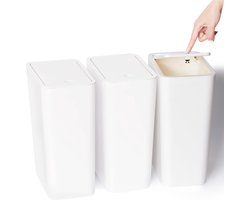 Set van 3 kleine vuilnisbakken, 10L badkamerprullenbak met klapdeksel, moderne afvalbak, prullenbak voor kantoor/badkamer/keuken/slaapkamer (PP-materiaal - wit)