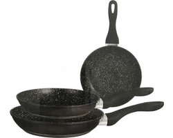 Set van 3 Koekenpannen - Stenen Coating - Zwart - Inductie - Alle Warmtebronnen