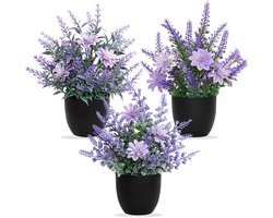 Set van 3 Kunstplanten Lavendel met Zwarte Pot - Kleine Groene Planten voor Binnen, Decoratie voor Kantoor, Woonkamer en Badkamer