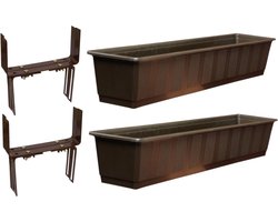 Set van 3 kunststof plantenbakken bruin rechthoekig 80 cm met 6 verstelbare balkon/muurbeugels